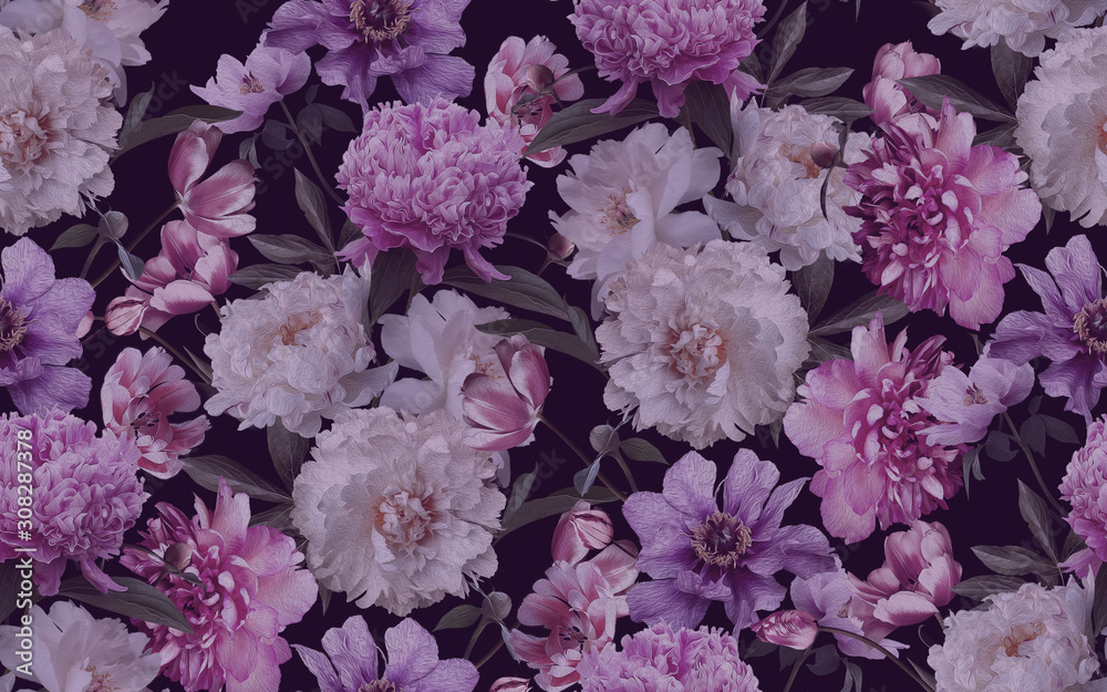Beautiful flowers peonies and tulips on black. Fashion seamless background.