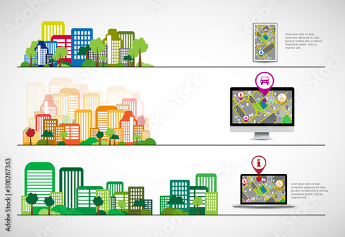 Vector illustration with urban landscape. Smart city.
