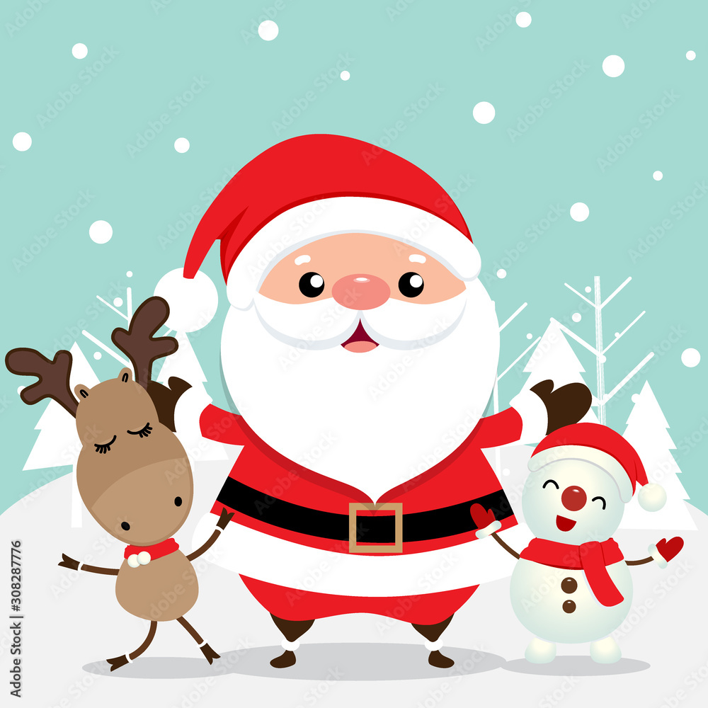 Holiday Christmas greeting card with Santa Claus, reindeer, and Snowman. Vector illustration Holiday Christmas greeting card with Santa Claus, reindeer, and Snowman. Vector illustration