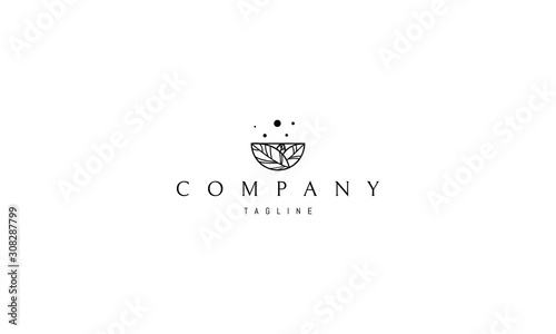 Vector logo on which an abstract image of leaves in the form of a bowl.