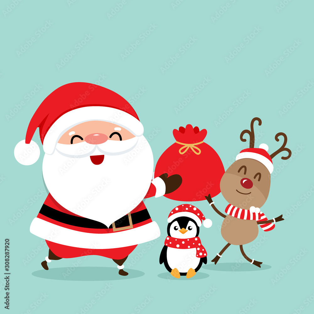 Holiday Christmas greeting card with Santa Claus, reindeer and Penguins cartoon. Vector illustration Holiday Christmas greeting card with Santa Claus, reindeer and Penguins cartoon. Vector illustration