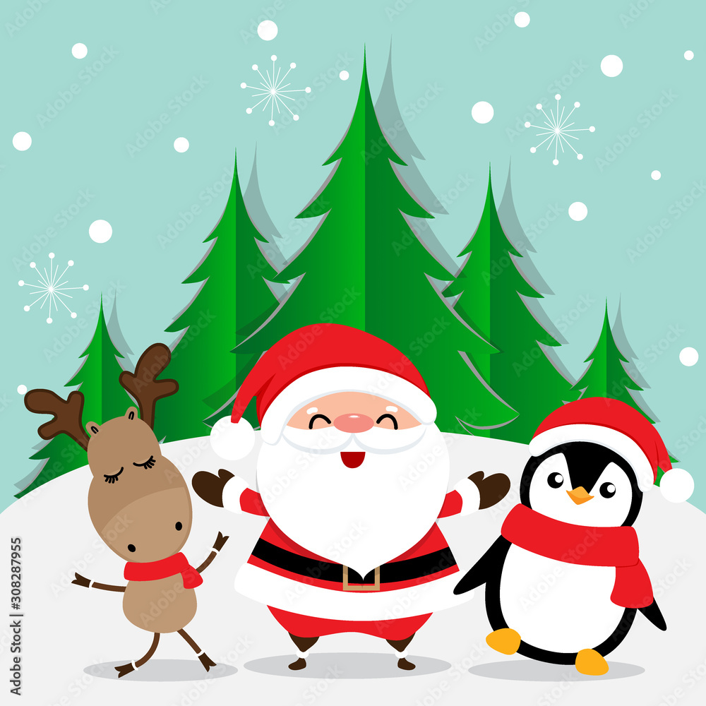 Holiday Christmas greeting card with Santa Claus, reindeer and Penguin cartoon. Vector illustration Holiday Christmas greeting card with Santa Claus, reindeer and Penguin cartoon. Vector illustration