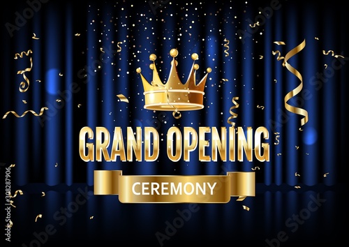 Grand opening Golden invitation card with Golden crown and confetti.