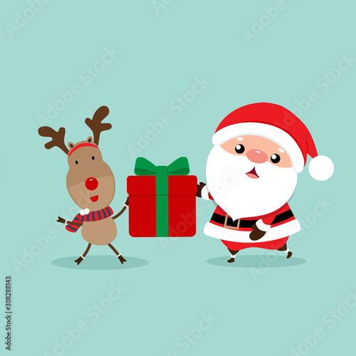 Holiday Christmas greeting card with Santa Claus  and reindeer. Vector illustration