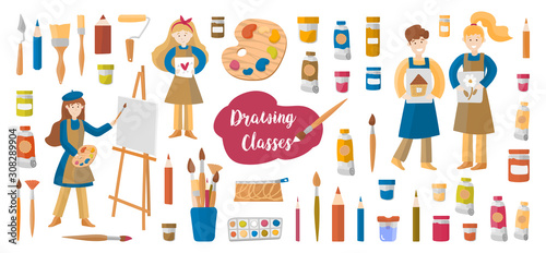 Drawing classes flat mega vector set with artists, paints, brushes. Vector set of illustrations of an art workshop. Drawing training for adults and children.