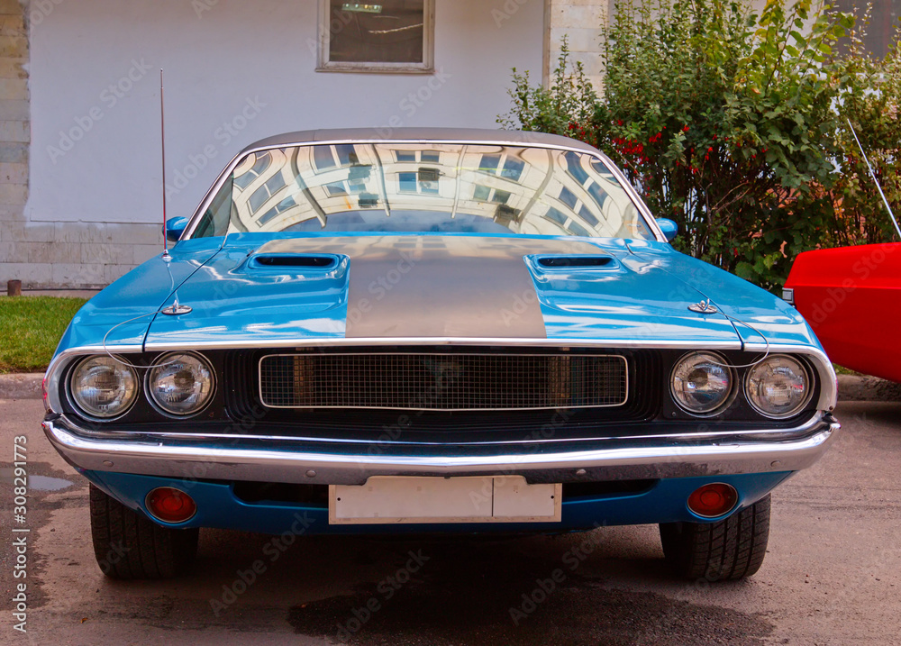 American clasical muscle car. Front view.