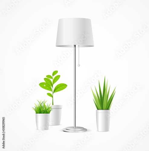 Realistic Detailed 3d Floor Lamp and Plant Interior. Vector