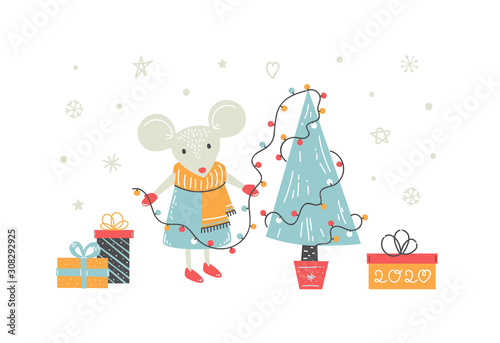 Happy New Year vector hand drawn illustration with cute mouse decorate Christmas tree. Holiday design on a white background. Flat cartoon style. New Year greeting card, poster, banner