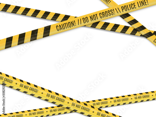Police lines. Crime scene. Danger warning. Tape fence. No entry.