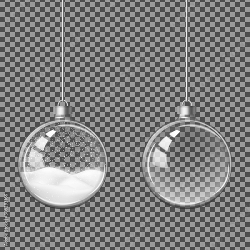 Vector realistic glass glossy New Year decoration. 3d transparent Christmas ball with snow inside. EPS 10