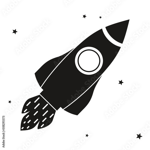 Vector illustration of a rocket. Black silhouette of spaceship.