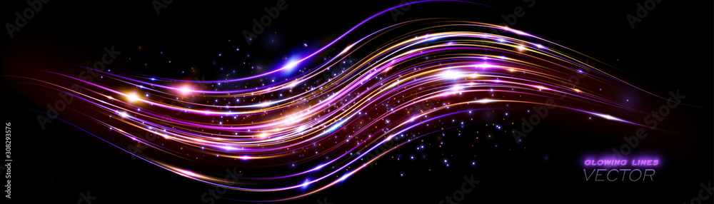 Power energy. Futuristic wave Flash. Magic sparks. Neon wind lines. Glow effect. Beautiful light. Glint cosmic rays. Mystical shine streaks. Empty place. Abstract background. Vector. EPS10