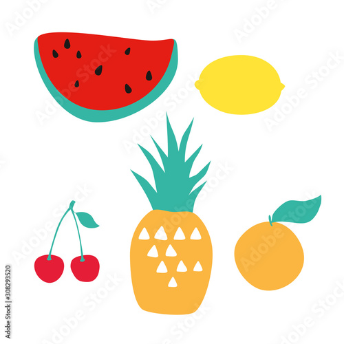 Set of fruits isolated on white background. Vector pineapple, orange, cherry, lemon, watermelon. Fruit icon.
