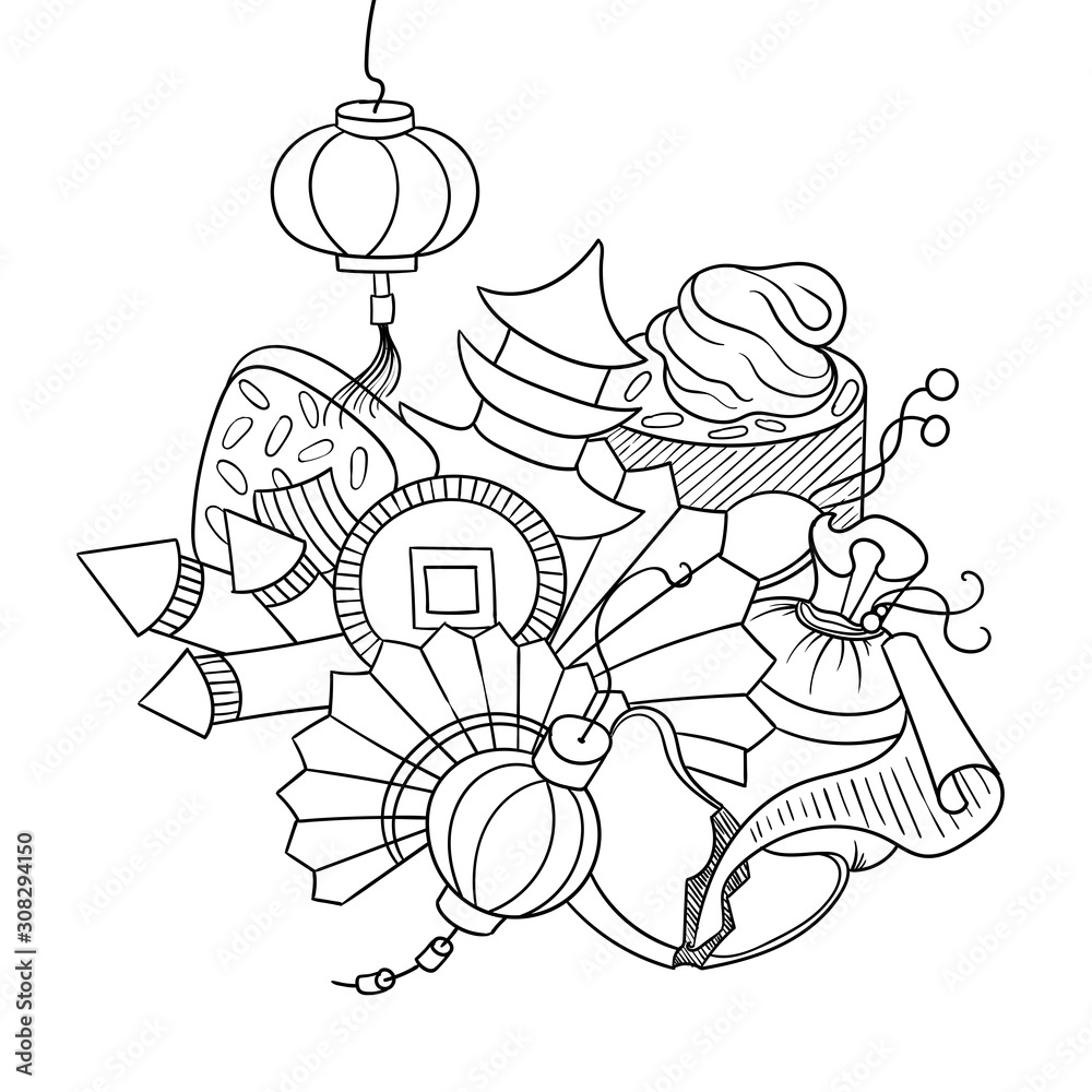 Doodle art with Chinese New Year decorations.  Festival bangers, lanterns, fans, fortune cookie future.  Holiday emblem for coloring, easy to change colors.