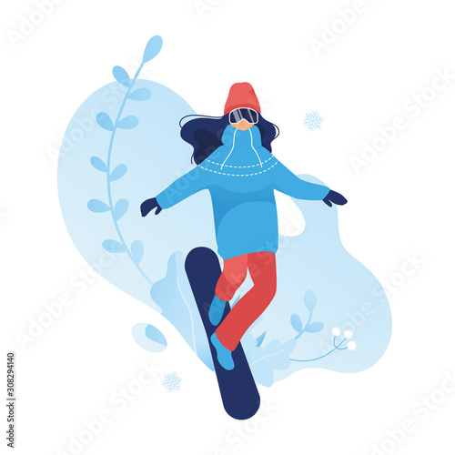snowboarder jumping sport. Yong girl on a snowboard. Winter game sport vector flat illustration. Outdoor snow recreation, cartoon character. frozen plants isolated background. Winter web banner design