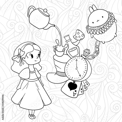Doodle illustration of Alice in Wonderland. Monochrome art with Alice, white rabbit and objects from fairytale. Coloring page, easy to change colors.