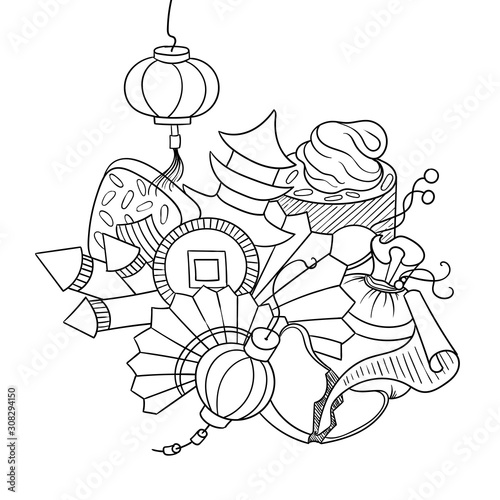 Doodle art with Chinese New Year decorations.  Festival bangers, lanterns, fans, fortune cookie future.  Holiday emblem for coloring, easy to change colors.