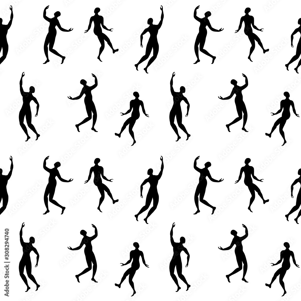 Repeated ornament with dancing people silhouettes. Black figures on white background. Vector illustration.
