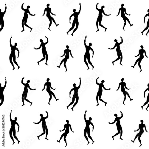 Repeated ornament with dancing people silhouettes. Black figures on white background. Vector illustration.