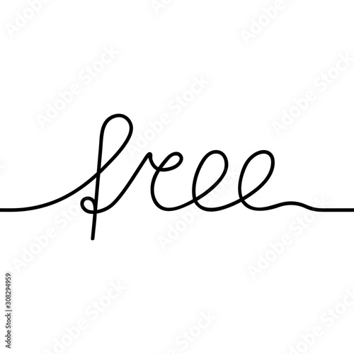 One black continuous line, hand drawn word Free. Vector on white background.