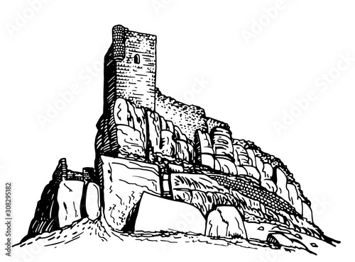 Graphical sketch of Castillo castle isolated on white background,Spain,vector illustration