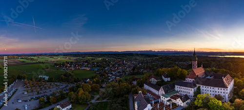 Andechs Monastery, aerial view at sunset, Ammersee, Fünfseenland, Pfaffenwinkel, Upper Bavaria, Bavaria, Germany, photo