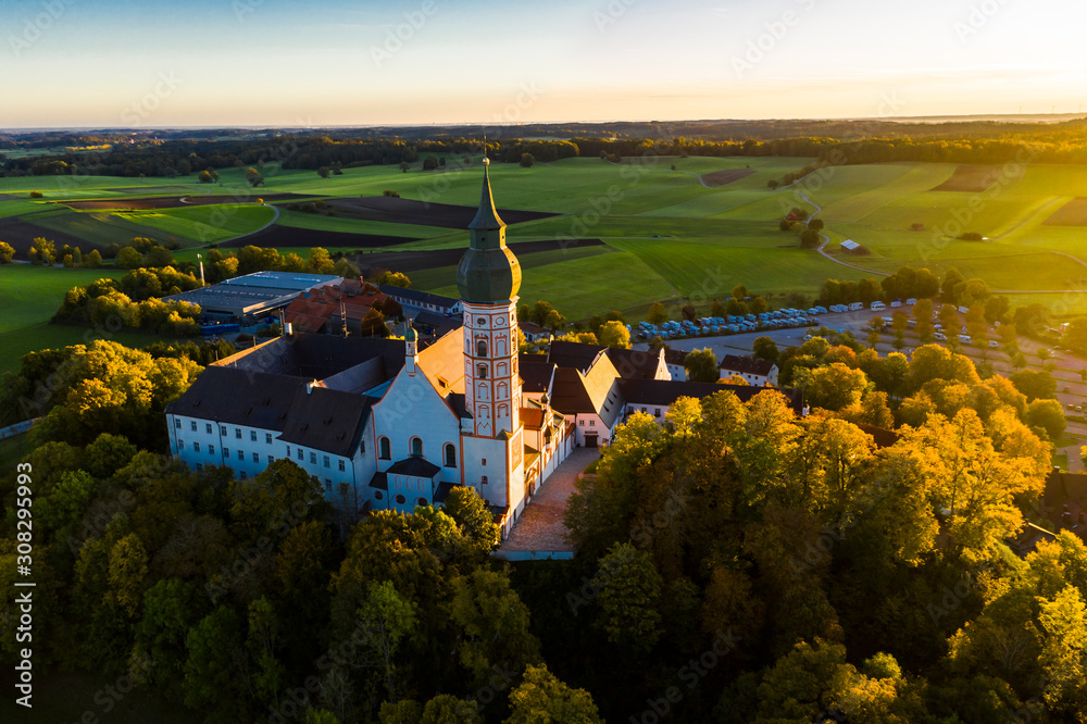 Andechs Monastery, aerial view at sunrise, Ammersee, Fünfseenland, Pfaffenwinkel, Upper Bavaria, Bavaria, Germany,