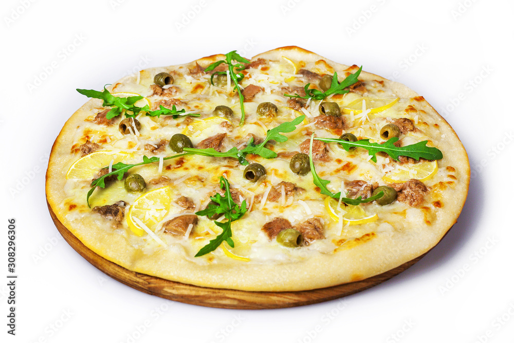 flavored pizza with olives, meat and cheese