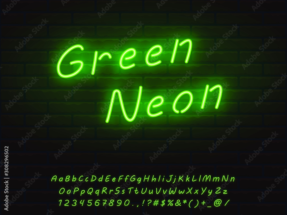 realistic green neon font script set realistic green neon font script set