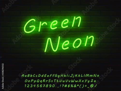 realistic green neon font script set