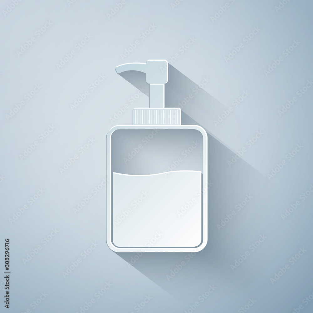Paper cut Hand sanitizer bottle icon isolated on grey background. Disinfection concept. Washing gel. Alcohol bottle for hygiene. Paper art style. Vector Illustration Paper cut Hand sanitizer bottle icon isolated on grey background. Disinfection concept. Washing gel. Alcohol bottle for hygiene. Paper art style. Vector Illustration