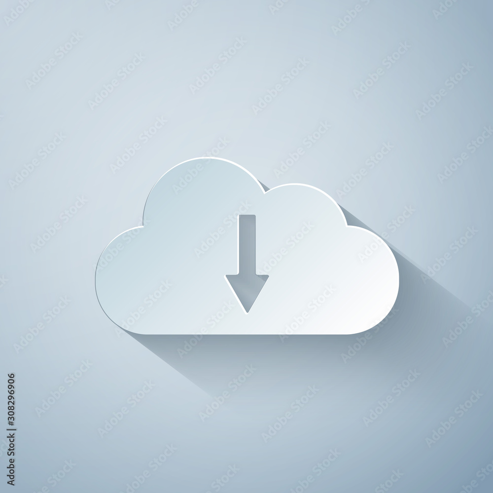 Paper cut Cloud download icon isolated on grey background. Paper art style. Vector Illustration Paper cut Cloud download icon isolated on grey background. Paper art style. Vector Illustration