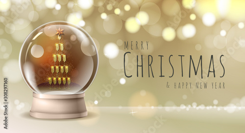 Realistic vector illustration of snow globe with pyramid of champagne golden glasses inside. Blurred holiday  background photo