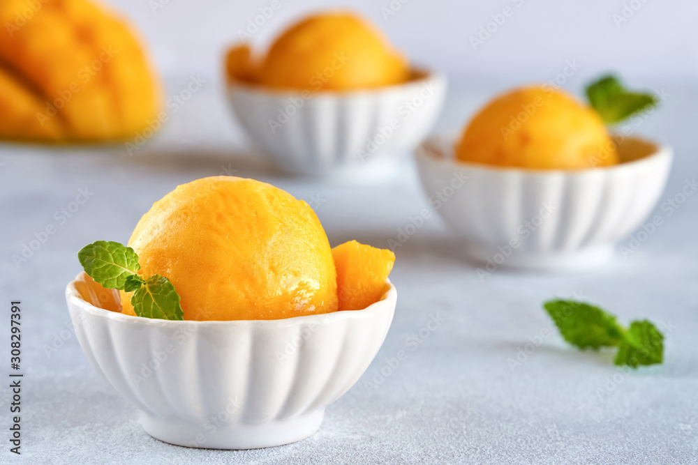 Mango ice cream sorbet and mango fruit Mango ice cream sorbet and mango fruit