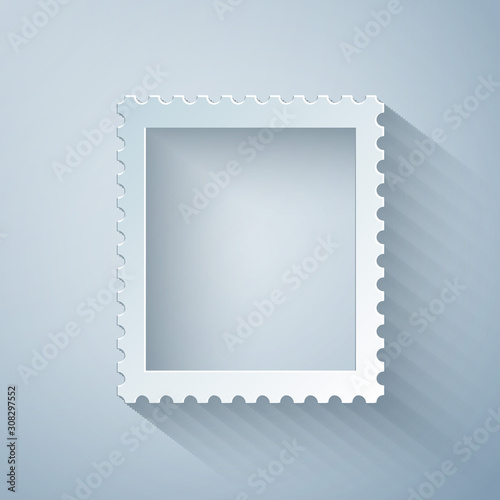 Paper cut Postal stamp icon isolated on grey background. Paper art style. Vector Illustration
