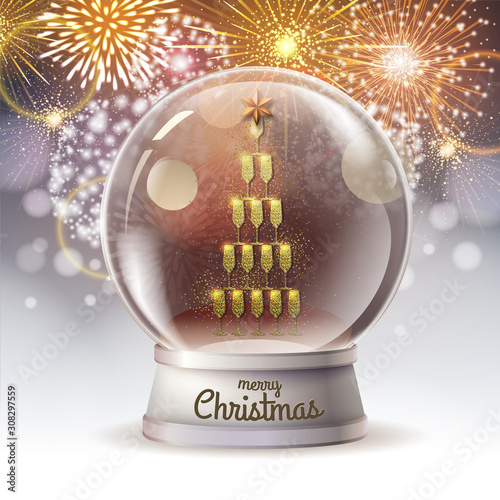 Realistic vector illustration of snow globe with pyramid of champagne golden glasses inside. Firework holiday  background