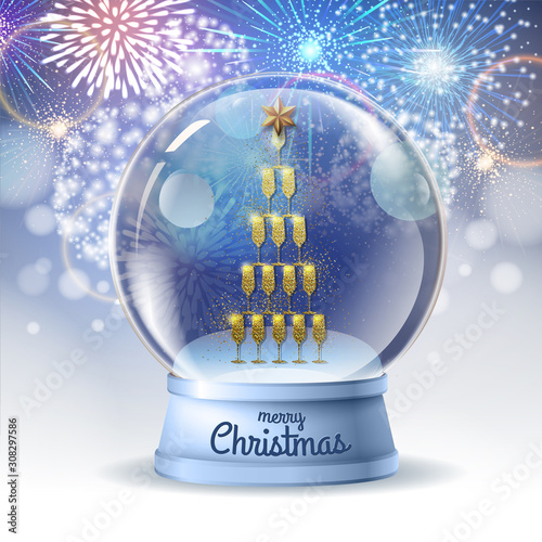 Realistic vector illustration of snow globe with pyramid of champagne golden glasses inside. Firework holiday  background photo