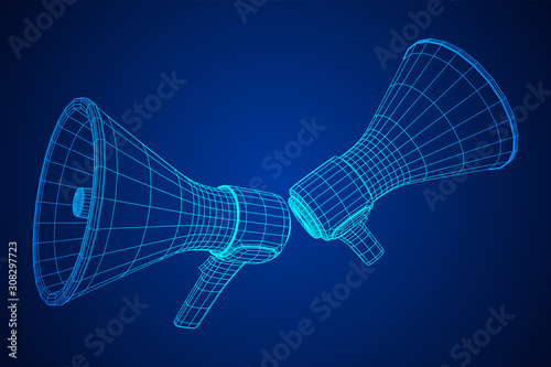 Megaphone or bullhorn for amplifying voice for protests rallies or public speaking. Wireframe low poly mesh vector illustration