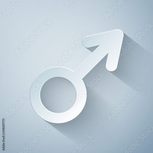 Paper cut Male gender symbol icon isolated on grey background. Paper art style. Vector Illustration