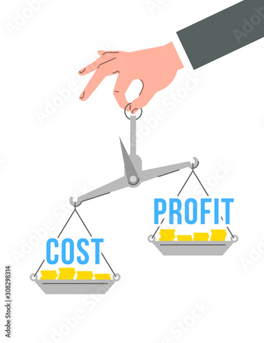 Businessman holds in a hand balance scales with words cost and profit. Financial assessment concept. Flat vector illustration. Evaluation of investment risks. Comparison of expenses and incomes