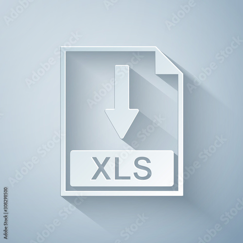 Paper cut XLS file document icon. Download XLS button icon isolated on grey background. Paper art style. Vector Illustration