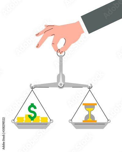 Time is money business concept. Businessman holds in hand balance scales with dollar sign and sandglass. Flat vector illustration.