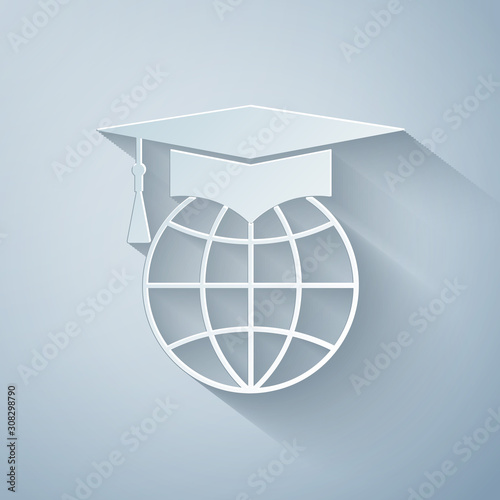 Paper cut Graduation cap on globe icon isolated on grey background. World education symbol. Online learning or e-learning concept. Paper art style. Vector Illustration