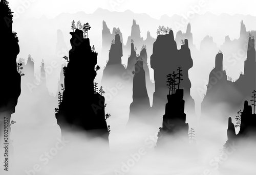 Tianzi Mountains (Avatar Mountains) in the Zhangjiajie Forest Park covered with smoke. Hunan Province, China. Vector silhouette illustration.