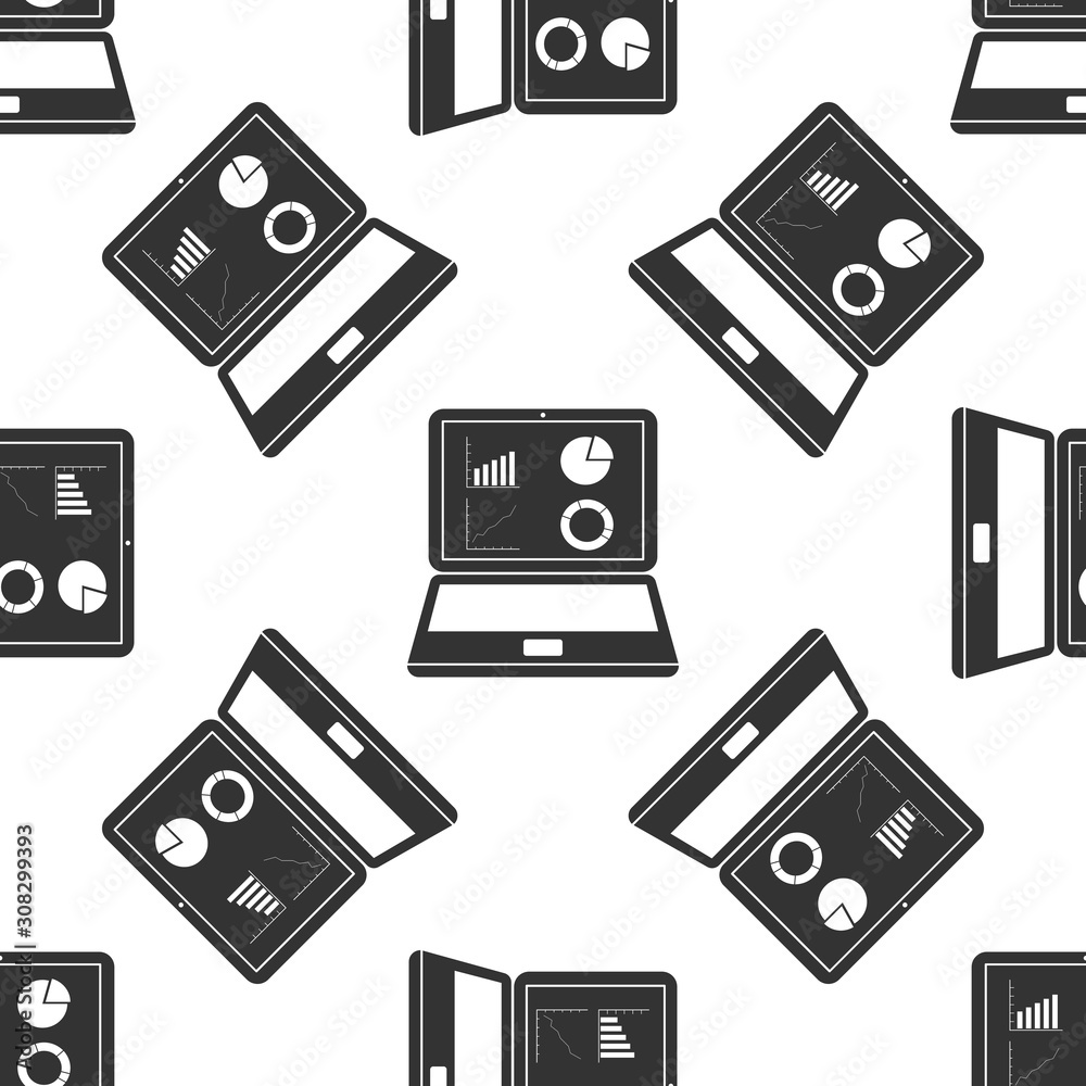 Black Laptop with graph chart icon isolated seamless pattern on white background. Report text file icon. Accounting sign. Audit, analysis, planning. Vector Illustration Black Laptop with graph chart icon isolated seamless pattern on white background. Report text file icon. Accounting sign. Audit, analysis, planning. Vector Illustration