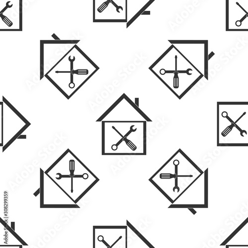 Black House or home with screwdriver and wrench icon isolated seamless pattern on white background. Adjusting, service, setting, maintenance, repair, fixing. Vector Illustration