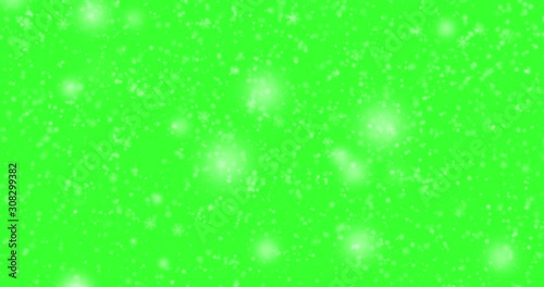 Snowstorm decoration element on green background. Winter design with snowfall. Decorative snowflakes.