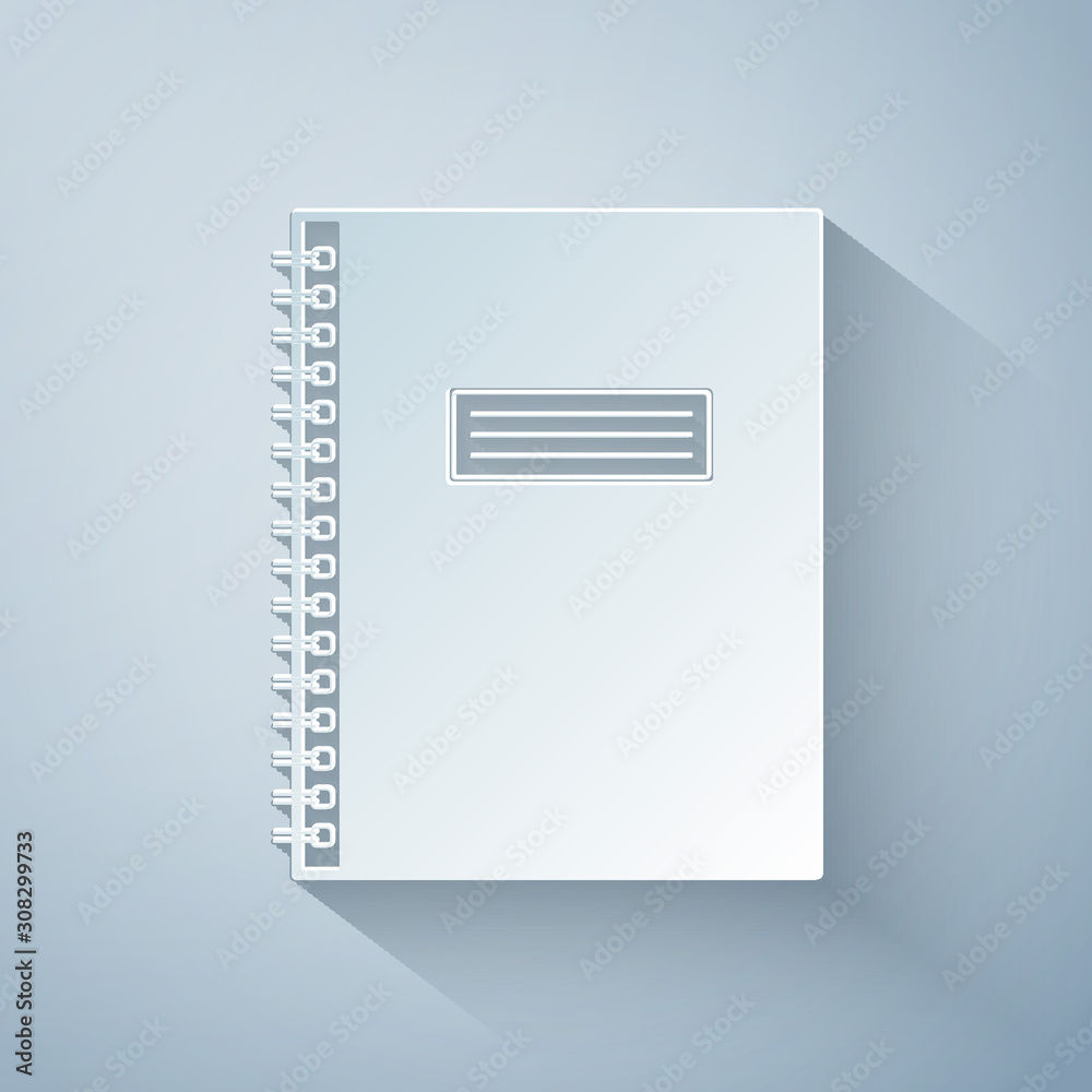 Paper cut Notebook icon on grey background. Spiral notepad icon. School notebook. Writing pad. Diary for business. Notebook cover design. Office stationery items. Paper art style. Vector Illustration Paper cut Notebook icon on grey background. Spiral notepad icon. School notebook. Writing pad. Diary for business. Notebook cover design. Office stationery items. Paper art style. Vector Illustration