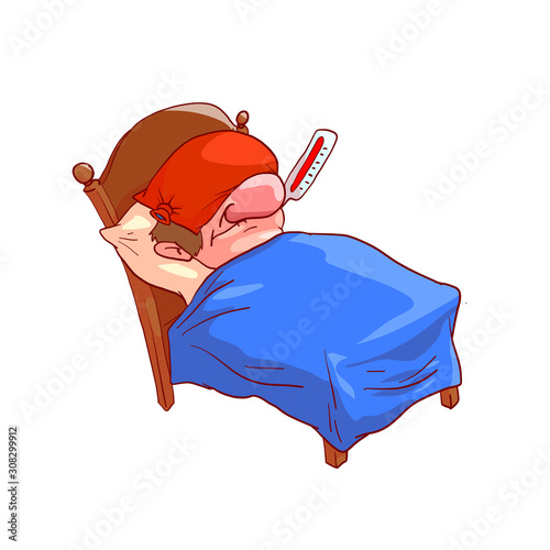 Cartoon illustration of sick man character in bed