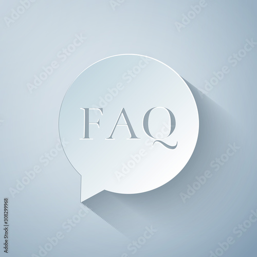 Paper cut Speech bubble with text FAQ information icon isolated on grey background. Circle button with text FAQ. Paper art style. Vector Illustration